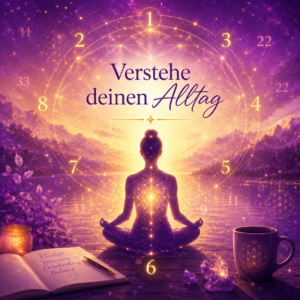 Numerologie Alltag verstehen – meditierende Frau mit leuchtenden Zahlen im violett-goldenen Energiefeld zeigt persönlichen Rhythmus und innere Klarheit in der Schweiz Zürich Luzern Basel Bern
