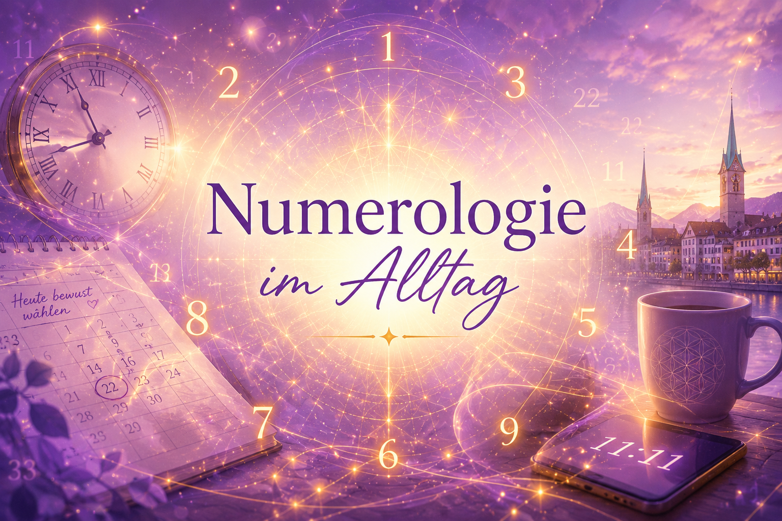 Numerologie im Alltag – Zahlen, Uhr und Kalender im violett-goldenen Energiefeld zeigen täglichen Einfluss von Numerologie in der Schweiz Zürich Luzern Basel Bern