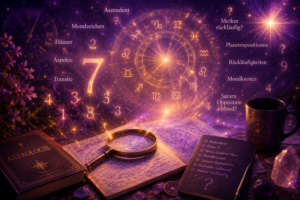 Astrologische Symbole, Sternzeichen, Zahlen und Horoskopelemente in violett-goldenem Design als Sinnbild für die Komplexität astrologischer Selbstanalyse.