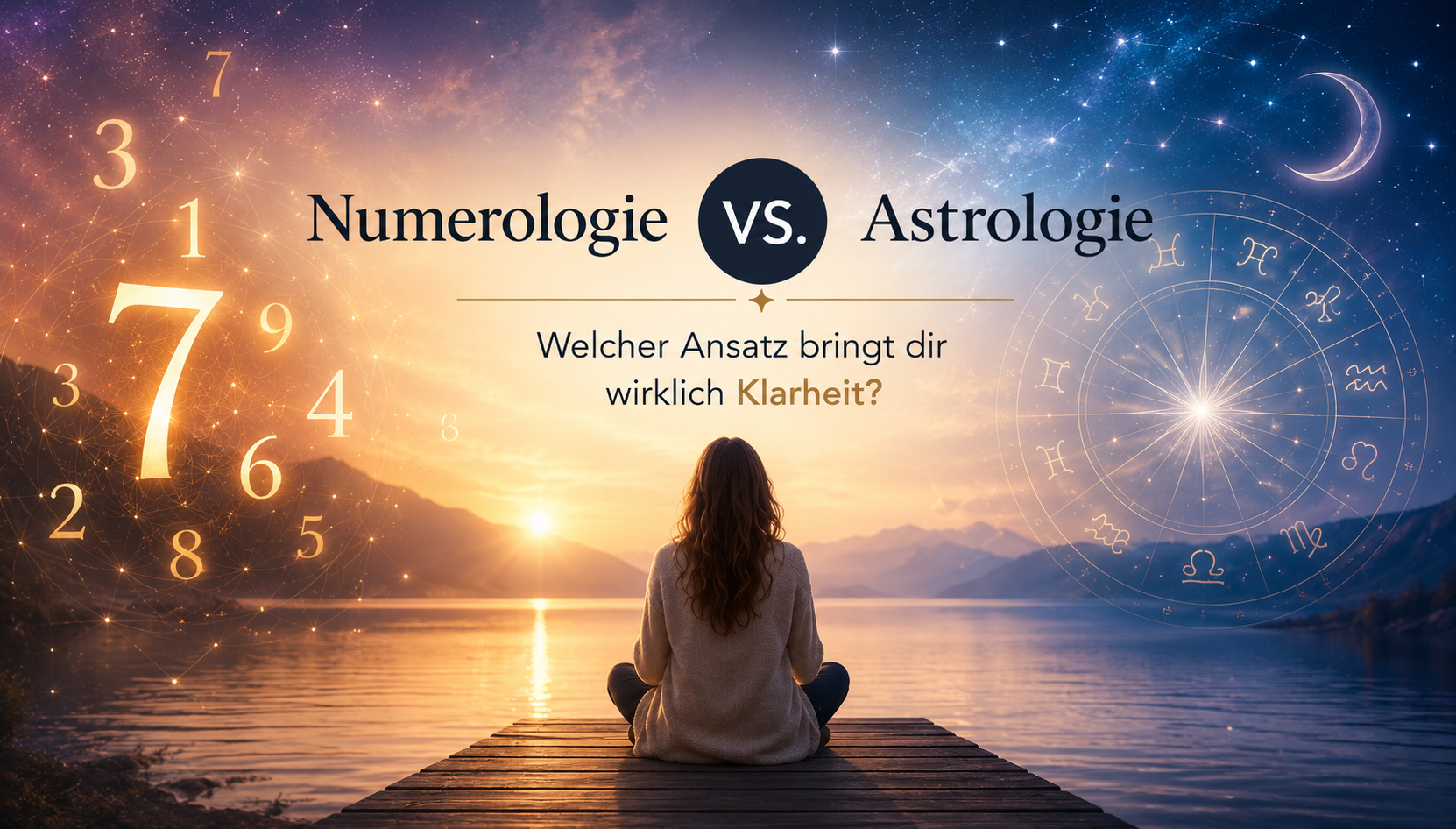 Numerologie und Astrologie im Vergleich mit Zahlen, Sternzeichen und einer Person am See als Symbol für Klarheit, Selbsterkenntnis und persönliche Entwicklung in der Schweiz.