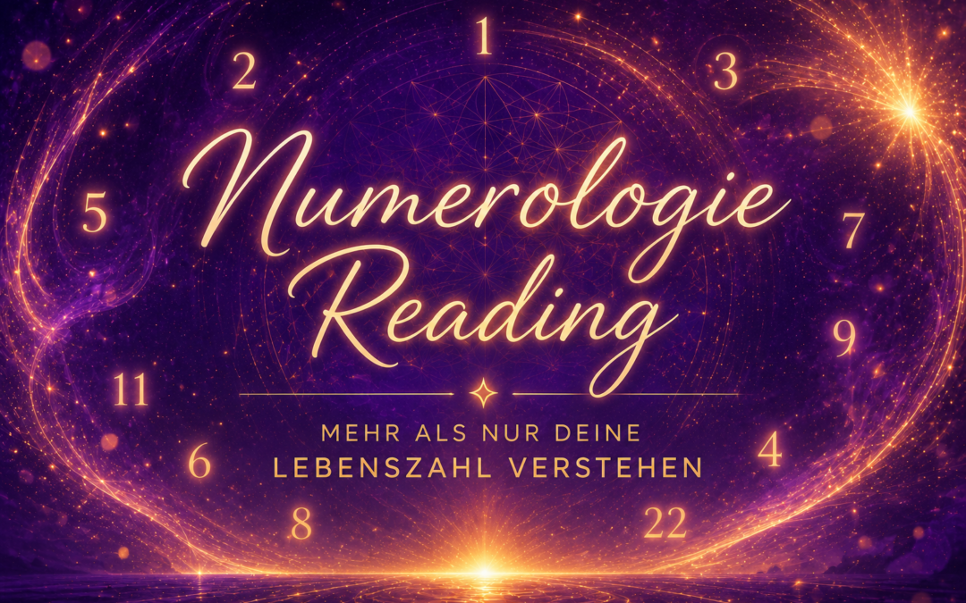 Symbolisches Hero-Bild zum Numerologie Reading mit leuchtenden Zahlen und violett-goldenem Design als Sinnbild für Klarheit, Selbsterkenntnis und die persönliche Zahlenstruktur.