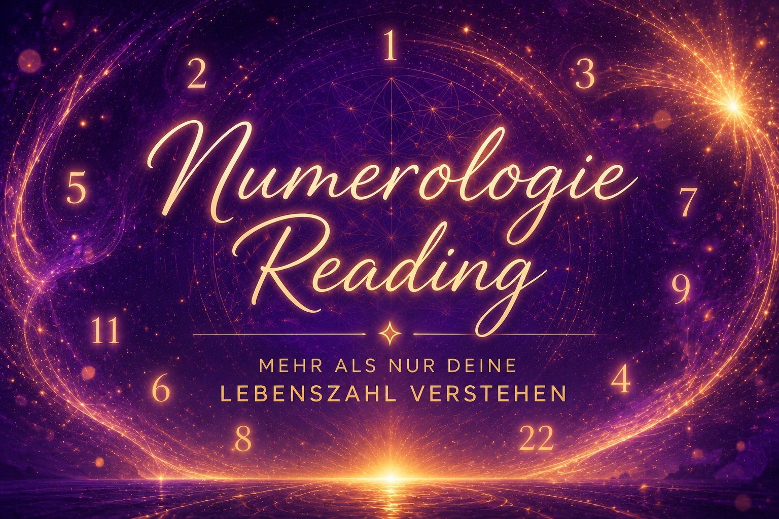 Symbolisches Hero-Bild zum Numerologie Reading mit leuchtenden Zahlen und violett-goldenem Design als Sinnbild für Klarheit, Selbsterkenntnis und die persönliche Zahlenstruktur.