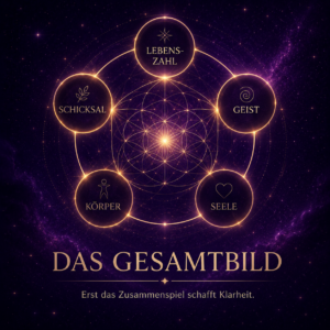 Symbolisches Numerologie-Bild mit geometrischer Struktur und fünf verbundenen Bereichen – Lebenszahl, Geist, Seele, Körper und Schicksal – als Darstellung eines ganzheitlichen Numerologie Readings.