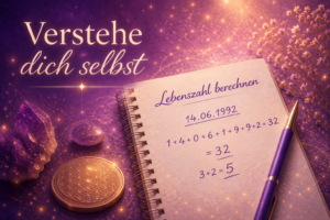 Notizbuch mit Berechnung der Lebenszahl, Stift und symbolischen Numerologie-Elementen in violett-goldener Farbwelt als Einstieg in ein professionelles Numerologie Reading.