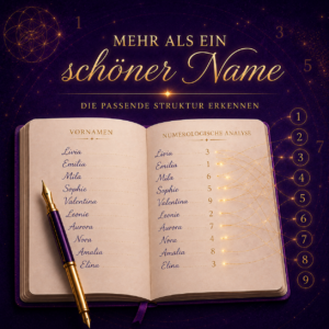Symbolisches Bild zur Numerologie und Kindernamen mit geöffnetem Notizbuch, Namensanalyse und goldenen Zahlenverbindungen als Sinnbild für eine bewusste und harmonische Namenswahl.