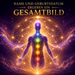 Symbolisches Bild zur Numerologie mit leuchtender menschlicher Energiefigur, Chakren und heiliger Geometrie als Darstellung des Zusammenspiels von Name und Geburtsdatum.