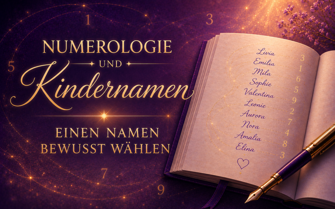 Symbolisches Hero-Bild zur Numerologie und Kindernamen mit Notizbuch, Namensliste und violett-goldenem Design als Sinnbild für eine bewusste und harmonische Namenswahl