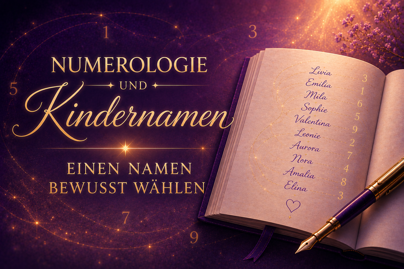 Symbolisches Hero-Bild zur Numerologie und Kindernamen mit Notizbuch, Namensliste und violett-goldenem Design als Sinnbild für eine bewusste und harmonische Namenswahl