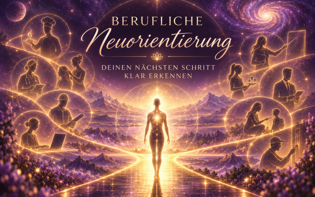 Symbolisches Hero-Bild zur beruflichen Neuorientierung mit Numerologie. Eine leuchtende Figur geht ihren Weg, umgeben von verschiedenen Berufsbildern, heiliger Geometrie und goldenen Lichtwegen als Sinnbild für Klarheit und berufliche Orientierung.