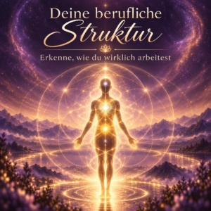 Symbolisches Bild einer goldenen Energiefigur mit leuchtenden Energiezentren und heiliger Geometrie als Darstellung der beruflichen Struktur in der Numerologie.