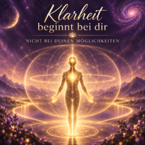 Symbolisches Bild einer leuchtenden Energiefigur mit Herz- und Kopfverbindung, umgeben von einer goldenen Torusmatrix als Sinnbild für innere Klarheit und berufliche Neuorientierung durch Numerologie.